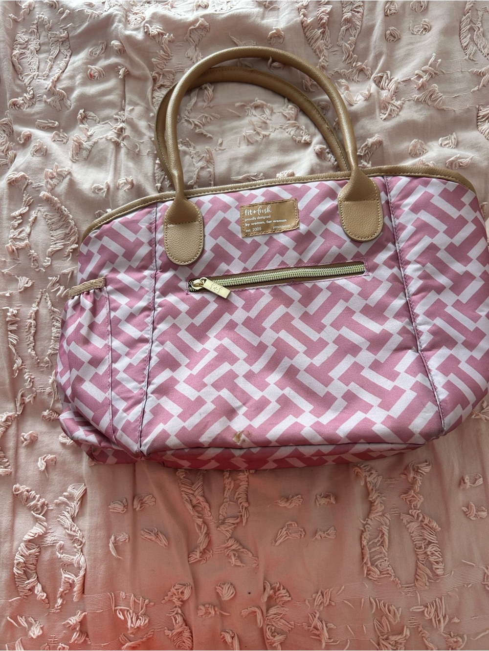 fit + fresh Pink Geometric Lunch Bag with Tan Handles
